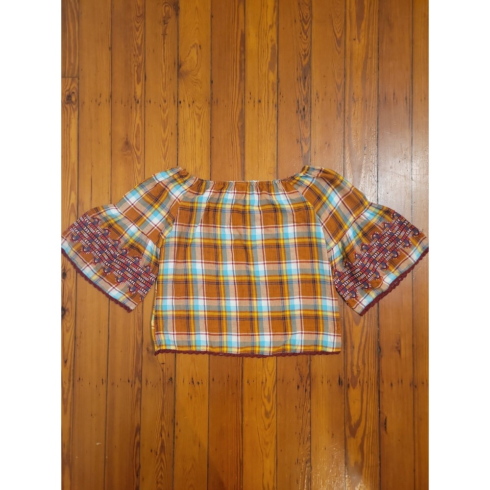 Ivy Jane Boho Top Womens L Peasant Embroidered Fall Plaid Cotton Linen Blend